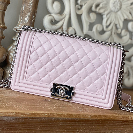 Borsa A Mano Media Da Ragazzo Chanel In Pelle Di Vitello Granulata Rosa A67086