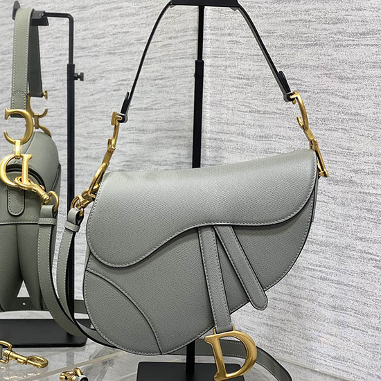 Borsa A Sella Dior In Pelle Di Vitello Granulata Con Cinturino Grigio Pietra M0455