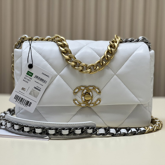 Borsa Chanel 19 Con Patta In Pelle Di Agnello Bianca Con Oro As1160