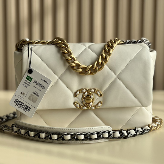 Borsa Chanel 19 Con Patta In Pelle Di Agnello Bianco Sporco Oro As1160