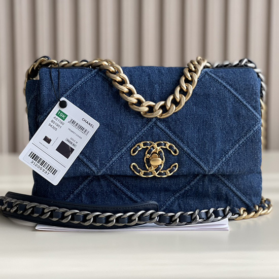 Borsa Chanel 19 In Denim Di Pelle Di Agnello Blu Scuro Con Oro As1160