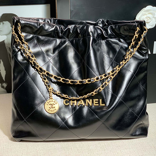 Borsa Chanel 22 In Pelle Di Vitello Lucida Nera Con Oro As3261