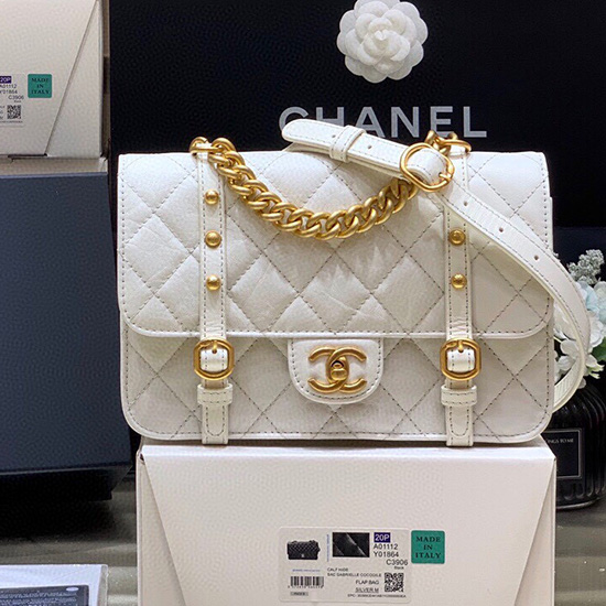 Borsa Chanel Con Patta In Pelle Di Vitello Invecchiata Bianca As2696