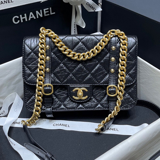 Borsa Chanel Con Patta In Pelle Di Vitello Invecchiata Nera As2696