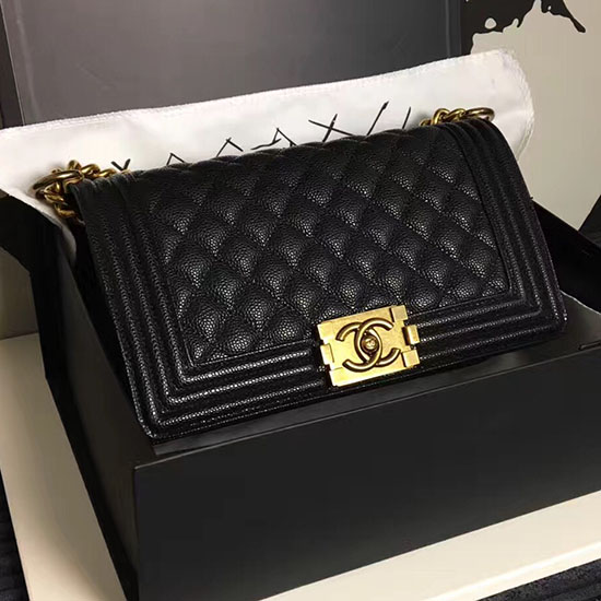 Borsa Chanel Media Trapuntata Caviar Boy Nero Oro A13043