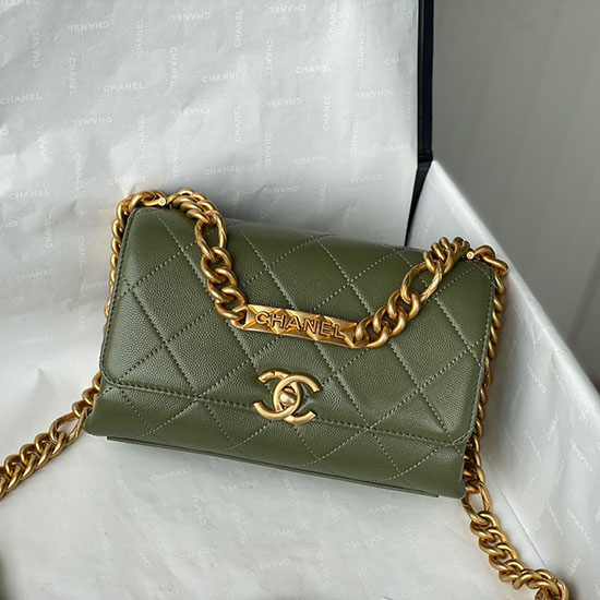 Borsa Chanel Mini Con Patta In Pelle Di Vitello Granulata Verde As2711