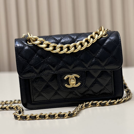 Borsa Chanel Mini Con Patta In Pelle Di Vitello Invecchiata Nera As4051