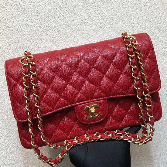 Borsa Classica Chanel Caviar Con Patta Media Rossa Cf1112