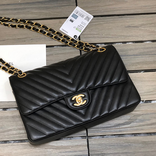 Borsa Classica Chanel Chevron Con Patta Media Nera Con Oro Cf1112