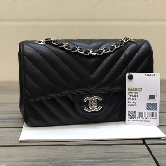 Borsa Classica Chanel Chevron Piccola Con Patta Nera Con Argento Cf1116