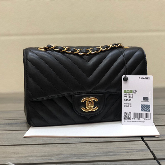 Borsa Classica Chanel Chevron Piccola Con Patta Nera Con Oro Cf1116