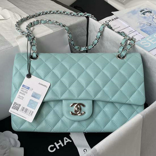 Borsa Classica Chanel Con Patta Media Blu Con Argento Cf1112