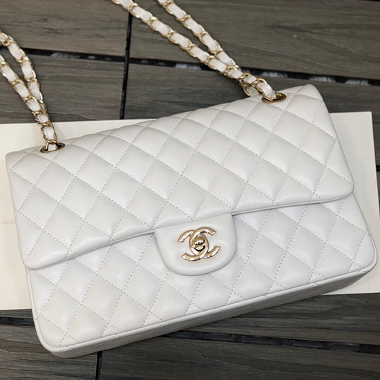 Borsa Classica Chanel Con Patta Media In Pelle Di Agnello Bianca Cf1112