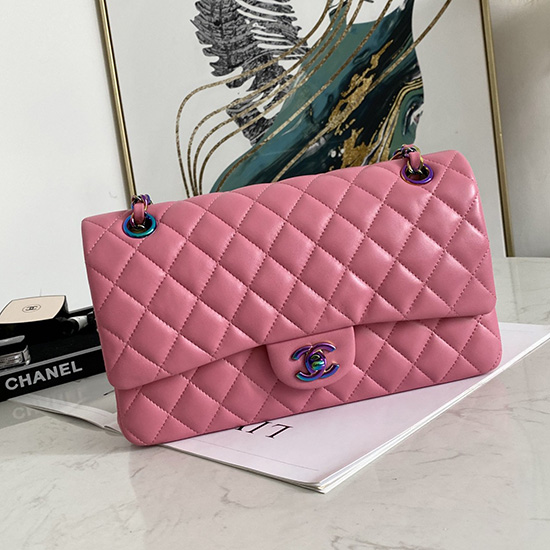 Borsa Classica Chanel Con Patta Media In Pelle Di Agnello Rosa Cf1112