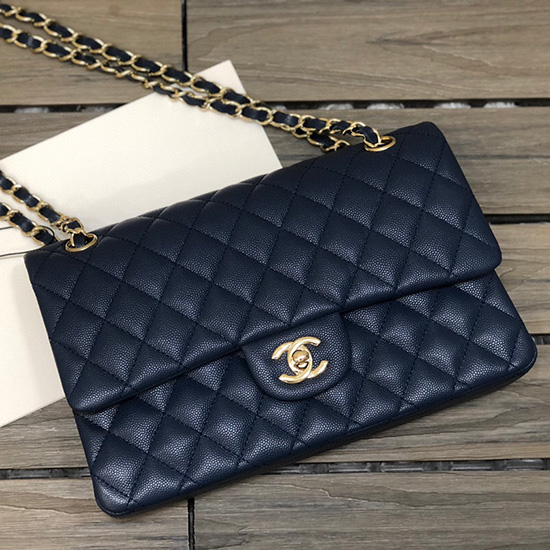 Borsa Classica Chanel Con Patta Media In Pelle Di Vitello Granulata Blu Cf1112