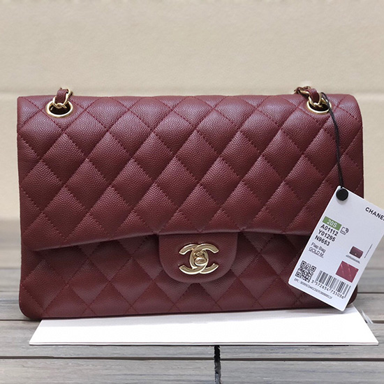 Borsa Classica Chanel Con Patta Media In Pelle Di Vitello Granulata Bordeaux Cf1112