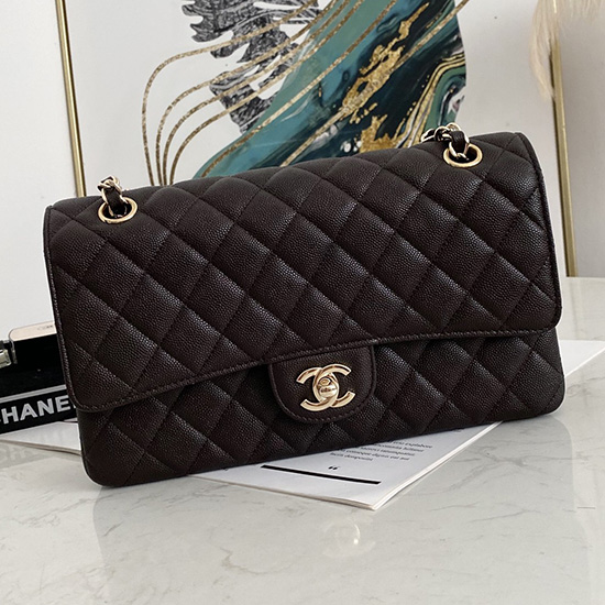 Borsa Classica Chanel Con Patta Media In Pelle Di Vitello Granulata Marrone Scuro Cf1112