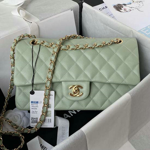 Borsa Classica Chanel Con Patta Media Verde Con Oro Cf1112