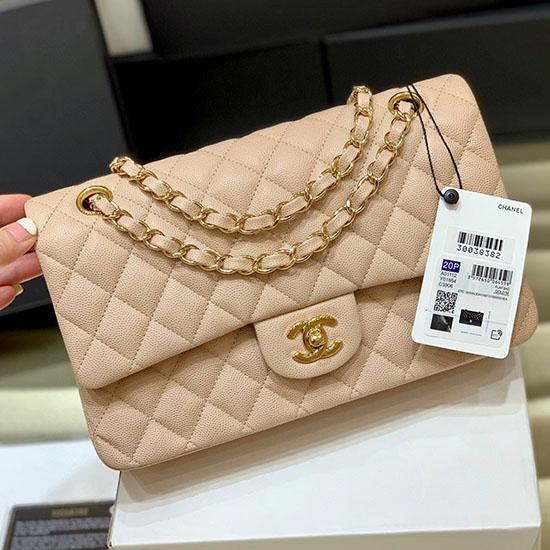 Borsa Classica Chanel In Pelle Di Vitello Granulata Beige A01112