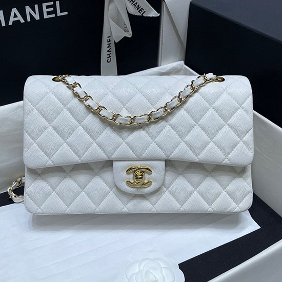 Borsa Classica Chanel In Pelle Di Vitello Granulata Bianca A01112