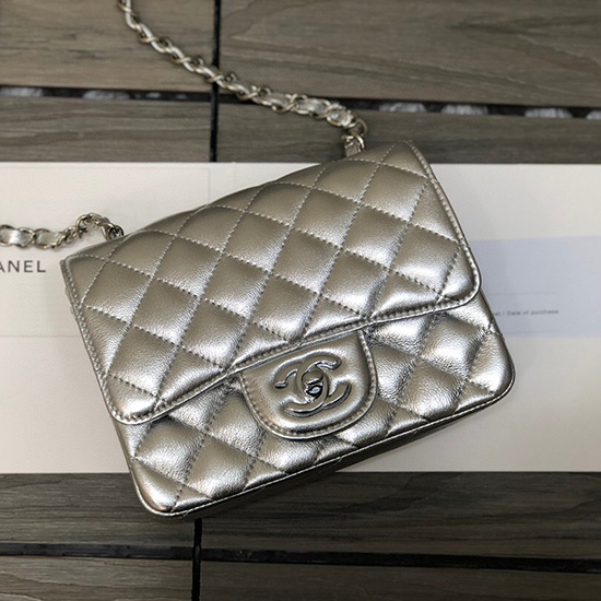 Borsa Classica Chanel Mini Patta In Pelle Di Agnello Argento Cf1115