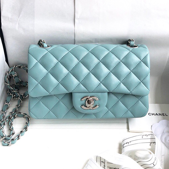 Borsa Classica Chanel Piccola Con Patta In Pelle Di Agnello Azzurro Cf1116