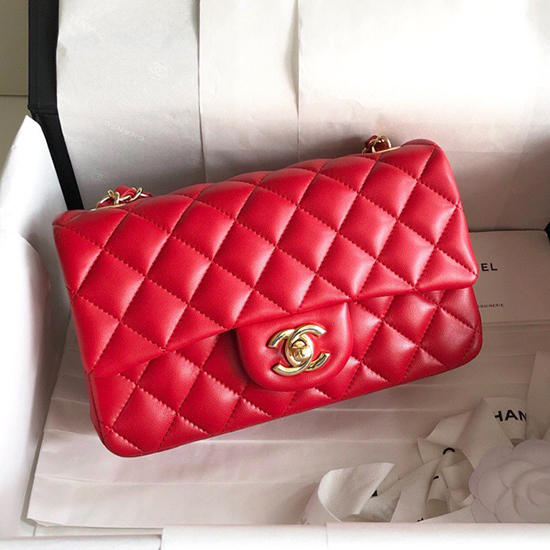 Borsa Classica Chanel Piccola Con Patta In Pelle Di Agnello Rossa Cf1116