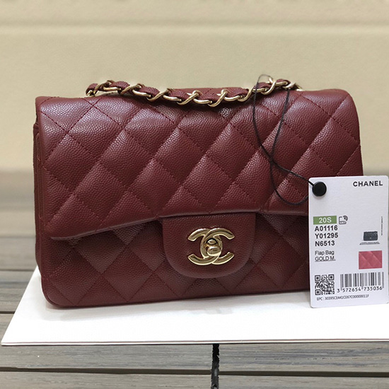 Borsa Classica Chanel Piccola Con Patta In Pelle Di Vitello Granulata Bordeaux Cf1116