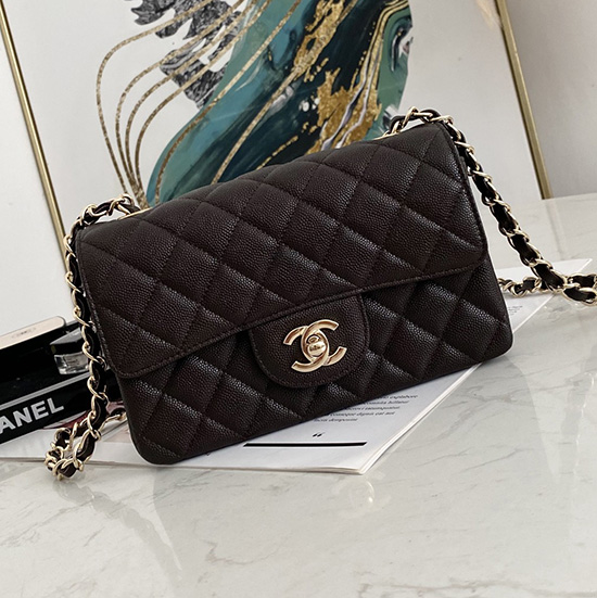 Borsa Classica Chanel Piccola Con Patta In Pelle Di Vitello Granulata Marrone Scuro Cf1116