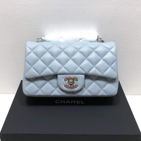 Borsa Classica Piccola Con Patta Chanel In Pelle Di Vitello Fiore Azzurro Cielo Cf1116