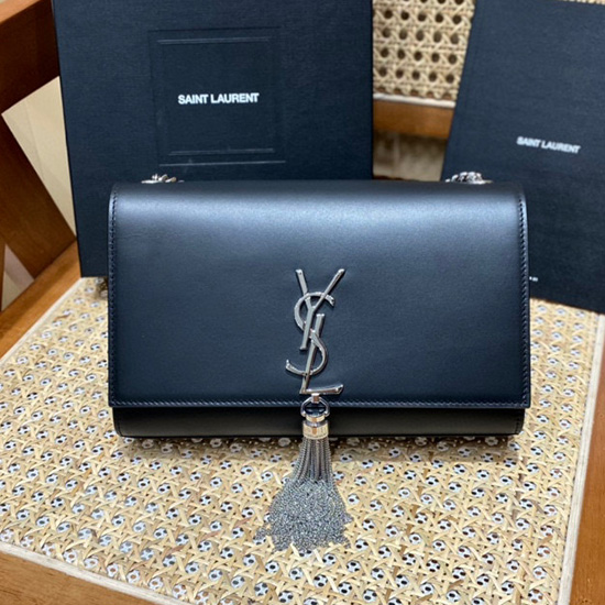 Borsa Con Nappe Kate Liscia Con Monogramma Saint Laurent Nera E Argento 354119