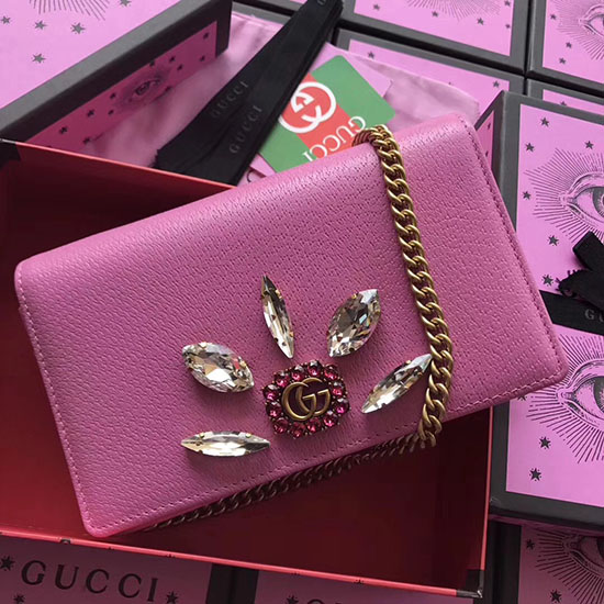 Borsa Gucci Mini Con Catena In Pelle Con Doppia G E Cristalli Rosa 499782