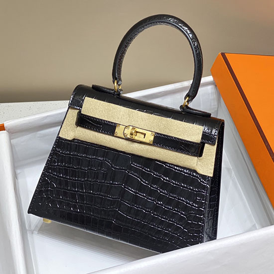 Borsa Hermes Kelly 20 In Pelle Di Coccodrillo Nera HK2001