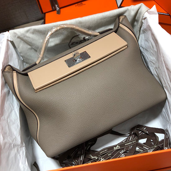 Borsa Hermes Kelly 24/24 Togo In Pelle Grigia E Beige H06131