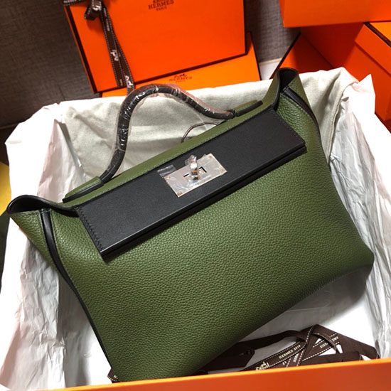 Borsa Hermes Kelly 24/24 Togo In Pelle Verde E Nera H06131