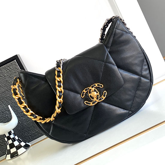 Borsa Hobo Chanel 19 In Pelle Di Agnello Nera As4638