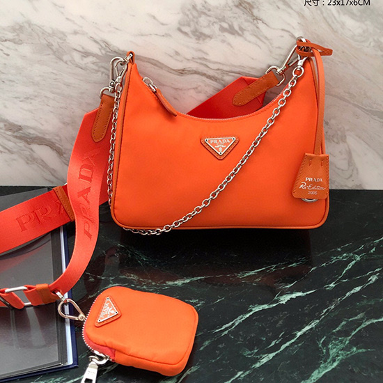 Borsa Hobo Prada In Nylon Arancione 1bh204