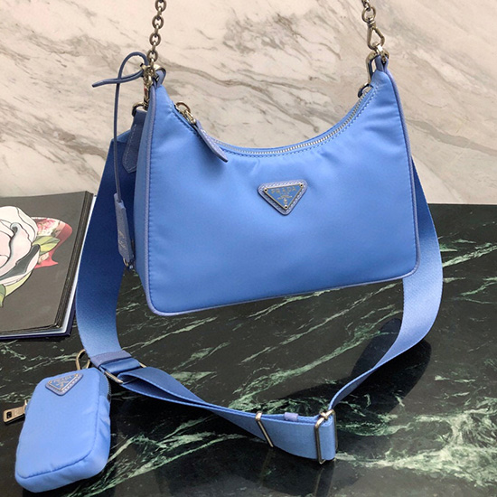 Borsa Hobo Prada In Nylon Blu 1bh204