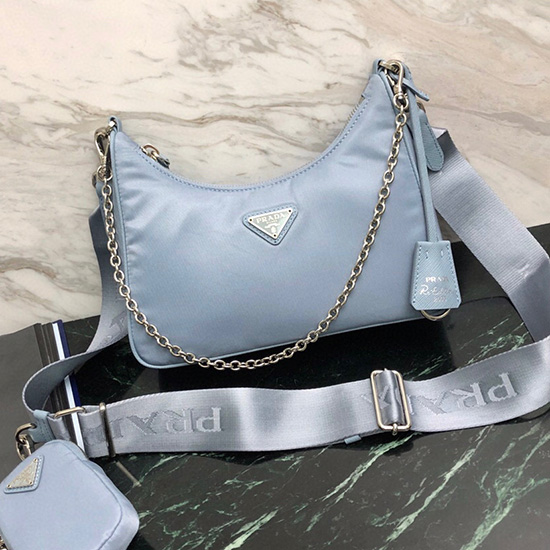 Borsa Hobo Prada In Nylon Blu Cielo 1bh204