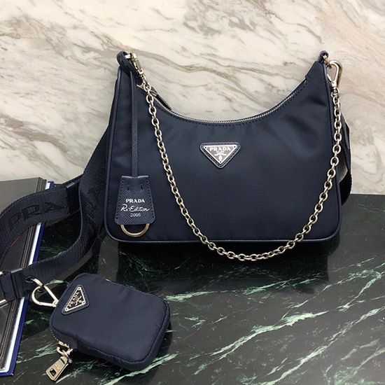 Borsa Hobo Prada In Nylon Blu Scuro 1bh204