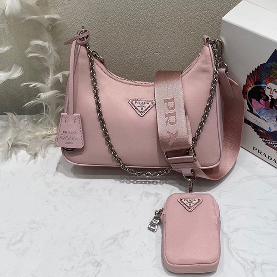 Borsa Hobo Prada In Nylon Rosa Chiaro 1bh204