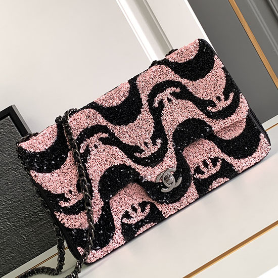 Borsa Media Chanel Con Patta Con Paillettes Rosa As2425