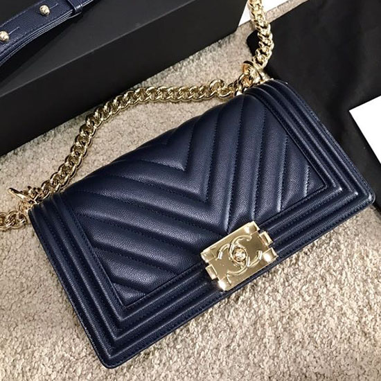 Borsa Media Chanel In Pelle Di Vitello A Grana Chevron Blu A67086