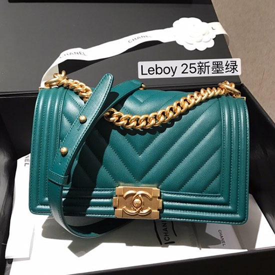 Borsa Media Chanel In Pelle Di Vitello A Grana Chevron Verde Scuro A67086