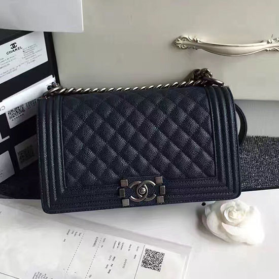 Borsa Media Da Ragazzo Chanel Trapuntata Blu Caviale 180301