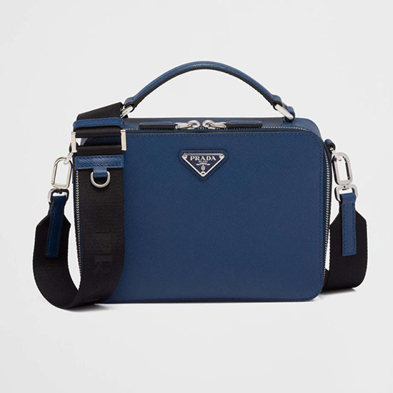 Borsa Media Prada Brique In Pelle Saffiano Blu 2vh069