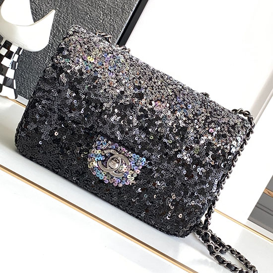 Borsa Piccola Con Patta Chanel Con Paillettes Nera As4561