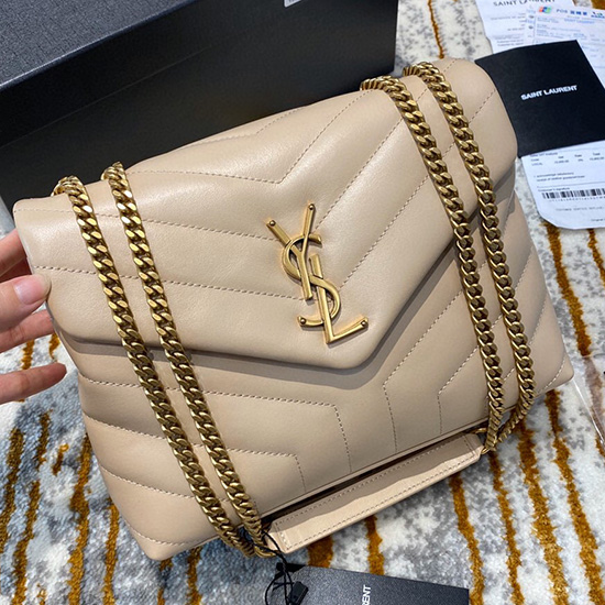 Borsa Piccola Saint Laurent Loulou In Pelle Con Catena Beige E Oro 494699