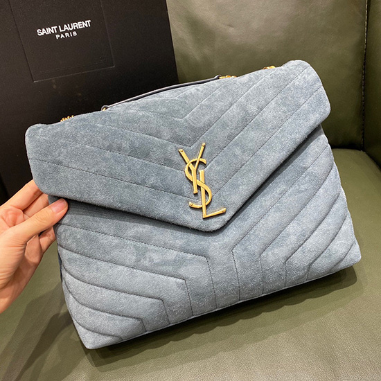 Borsa Saint Laurent Loulou Media In Pelle Scamosciata Con Catena Blu 459749