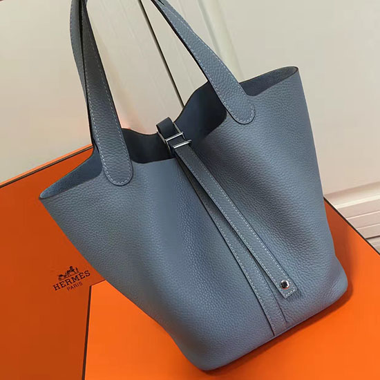 Borsa Tote Hermes Picotin Lock 22 Togo In Pelle Azzurro HP1112